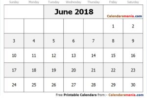 June Calendar 2018