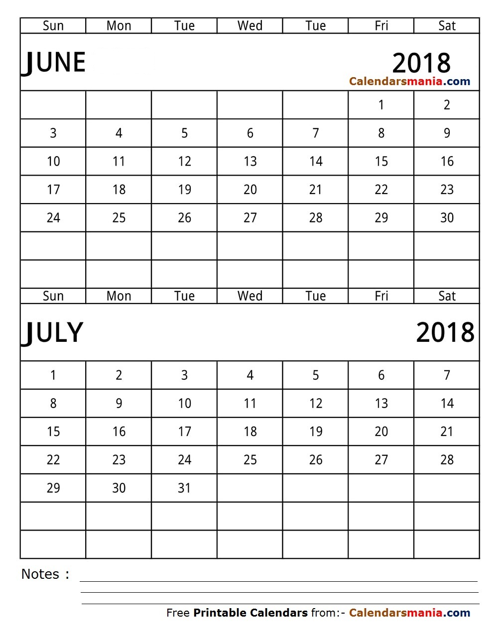 June July 2018 Calendar