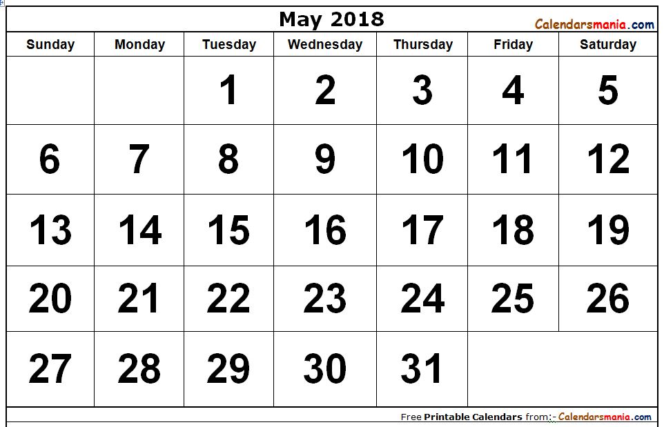 May 2018 Calendar Word