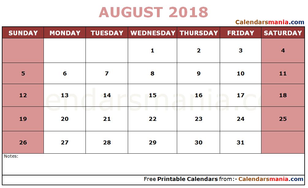 August 2018 Calendar Excel