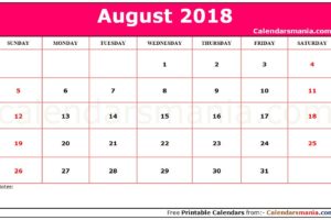 August 2018 Calendar Pink