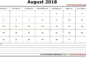 August 2018 Calendar with Notes