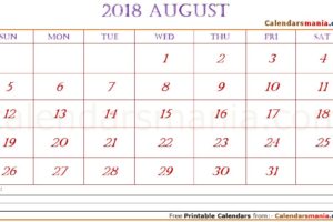 August 2018 Editable Calendar