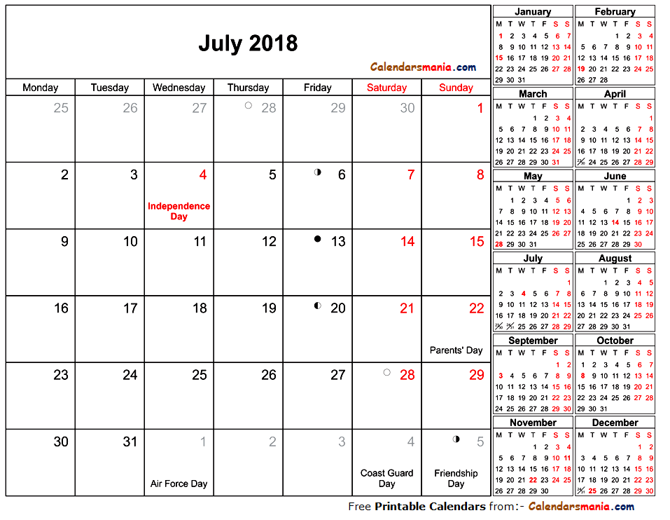 Calendar July 2018 Holidays