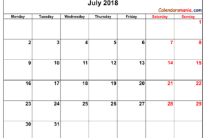 July 2018 Calendar Cute
