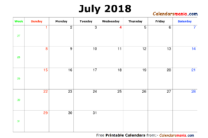 July 2018 Calendar Png