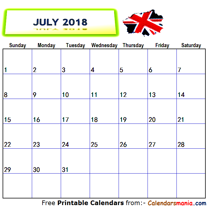 July 2018 UK Calendar
