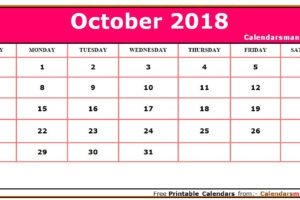 October 2018 Calendar Pink