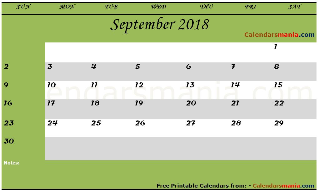 September 2018 Calendar Document
