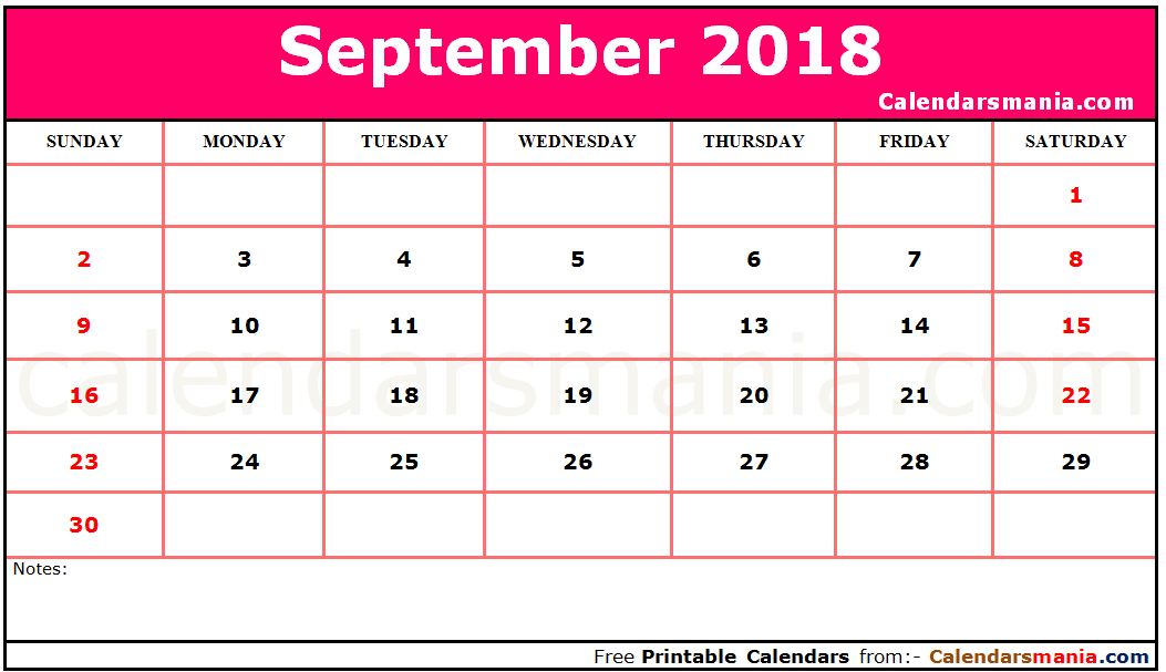 September 2018 Calendar Pink