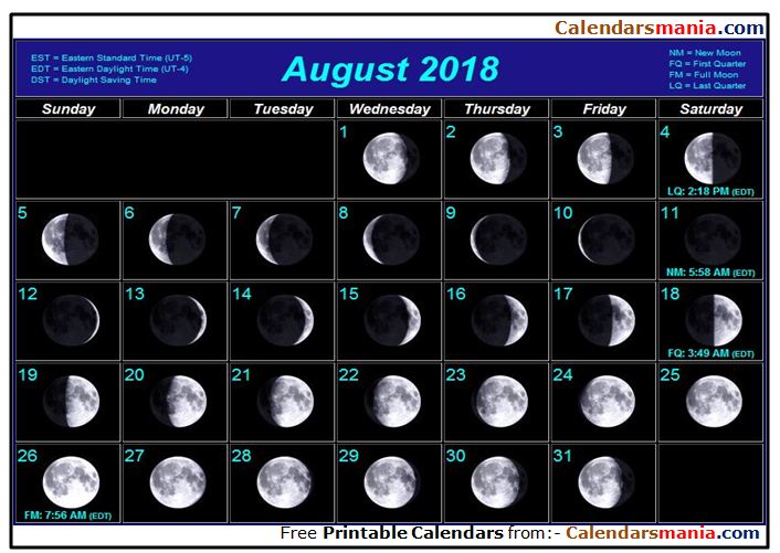 August 2018 Calendar Moon Phases