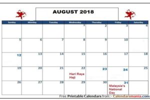 August 2018 Calendar Singapore