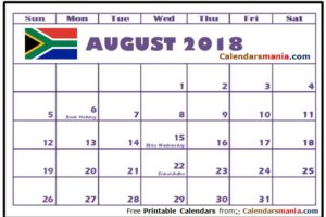 August 2018 Calendar South Africa