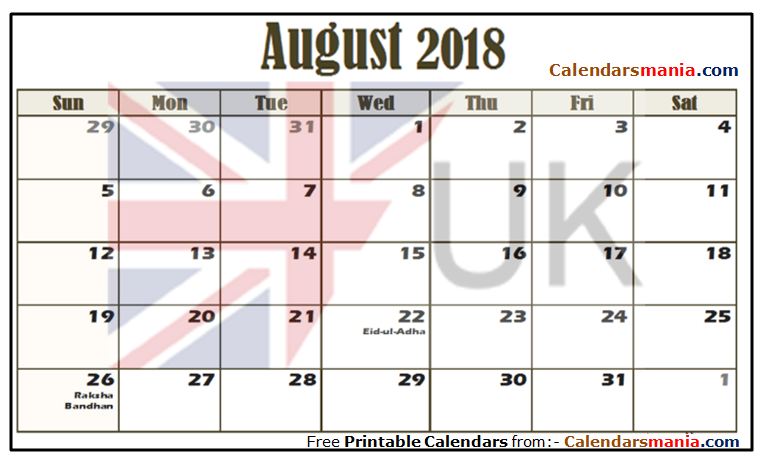 August 2018 Calendar UK