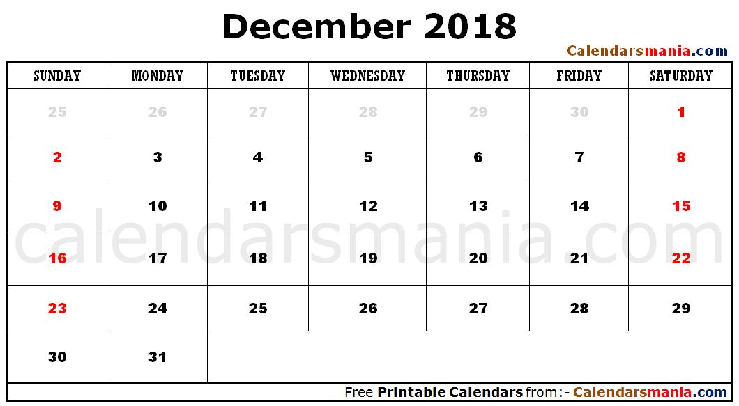 Editable December 2018 Calendar Blank Printable Templates