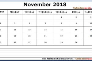 November 2018 Calendar With Notes