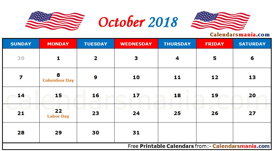 October 2018 Calendar USA