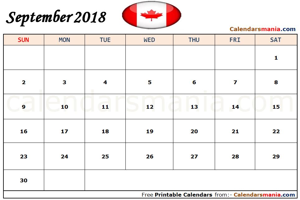 September 2018 Calendar Canada