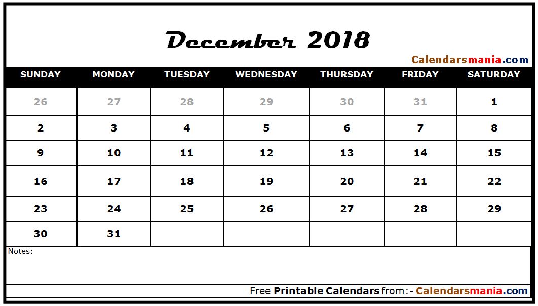 Printable December 2018 Calendar Blank Template