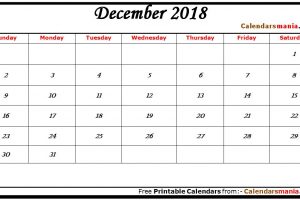 December 2018 Calendar Document