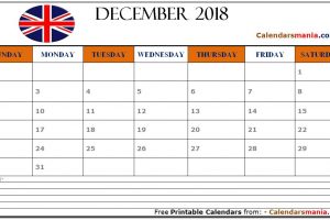 December 2018 Calendar UK