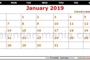 Calendar for January 2019