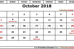 October 2018 Holidays Calendar