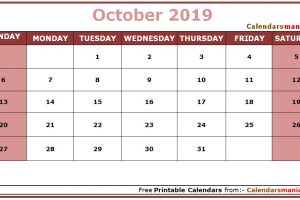 October 2019 Calendar Excel