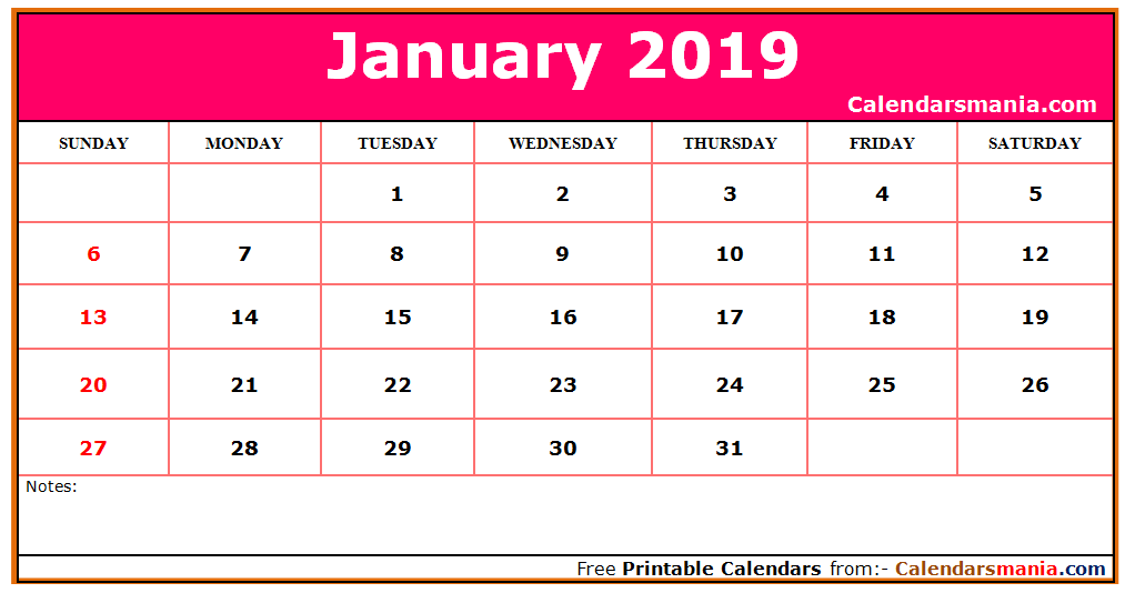 January 2019 Calendar Pink