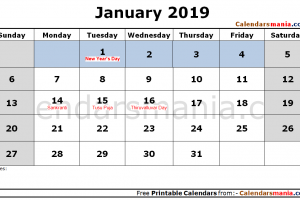 January 2019 Calendar with Holidays