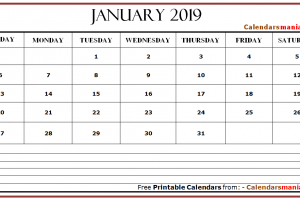 January 2019 Calendar with Note
