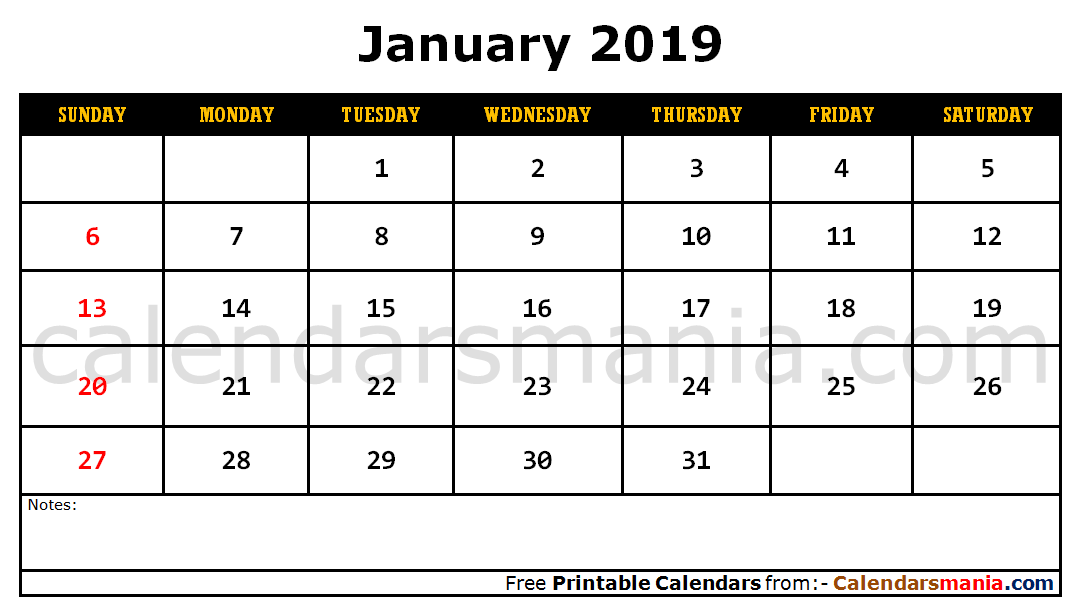 January 2019 Blank Calendar
