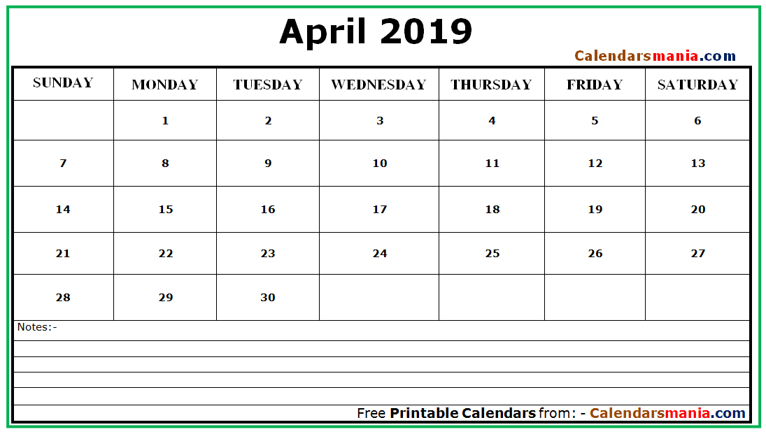April 2019 Editable Calendar
