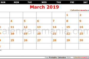 Calendar for March 2019
