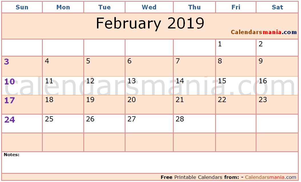 February 2019 Calendar Landscape
