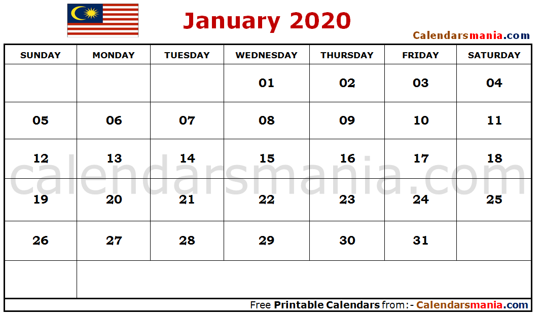 January 2020 Calendar Malaysia