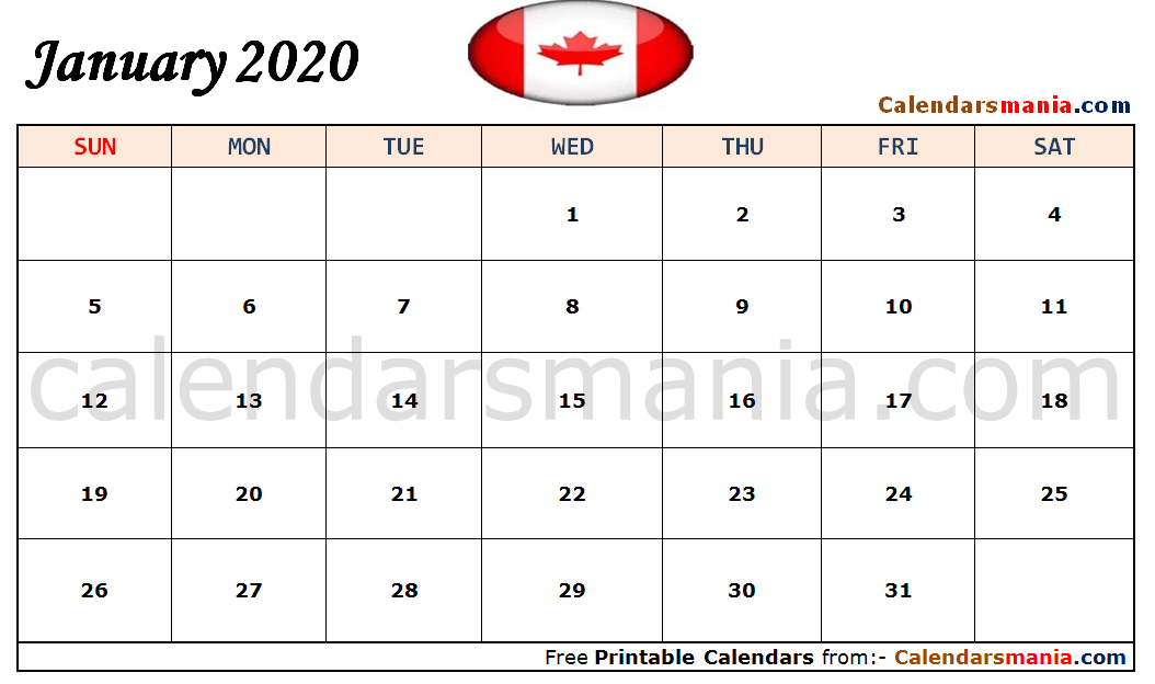 January 2020 Calendar Canada