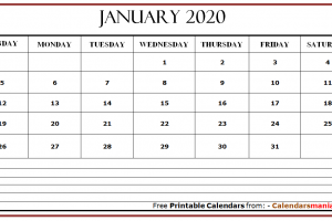 January 2020 Calendar Document