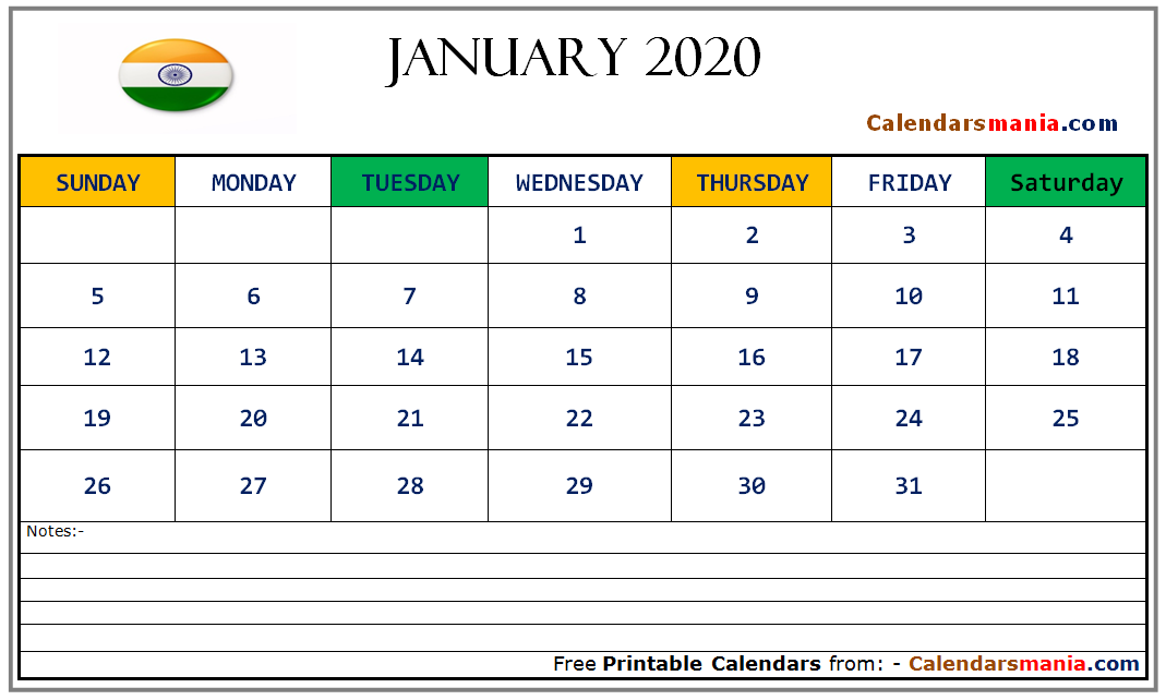 January 2020 Calendar India