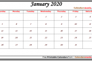 January 2020 Calendar Landscape