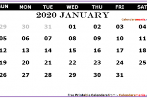 January 2020 Calendar Page
