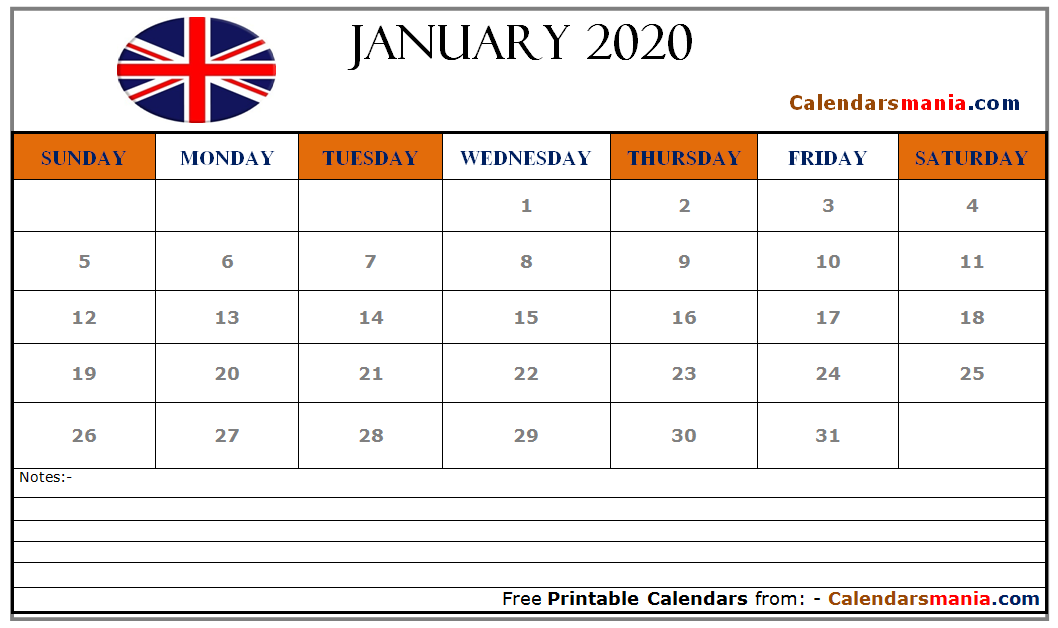 January 2020 Calendar UK
