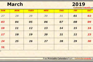 March 2019 Calendar Page