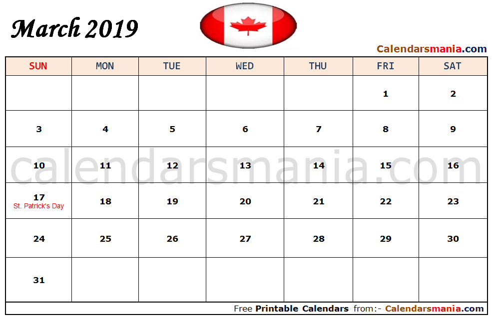 March 2019 Calendar Canada
