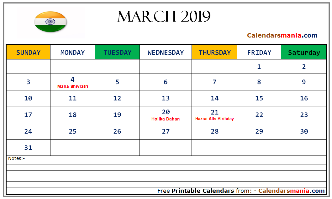 March 2019 Calendar India