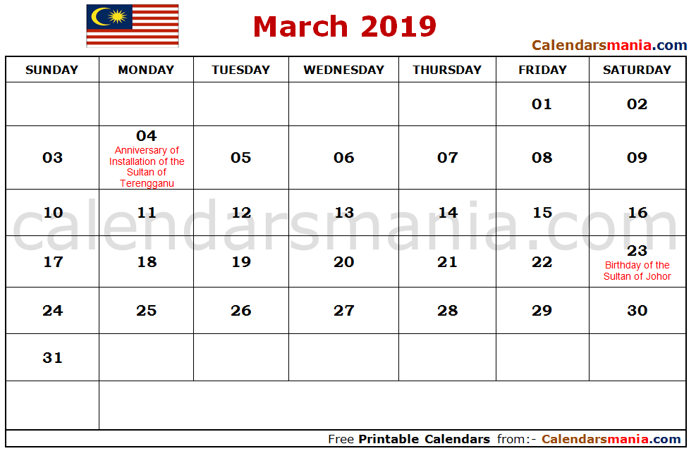 March 2019 Calendar Malaysia