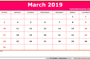 March 2019 Calendar Pink