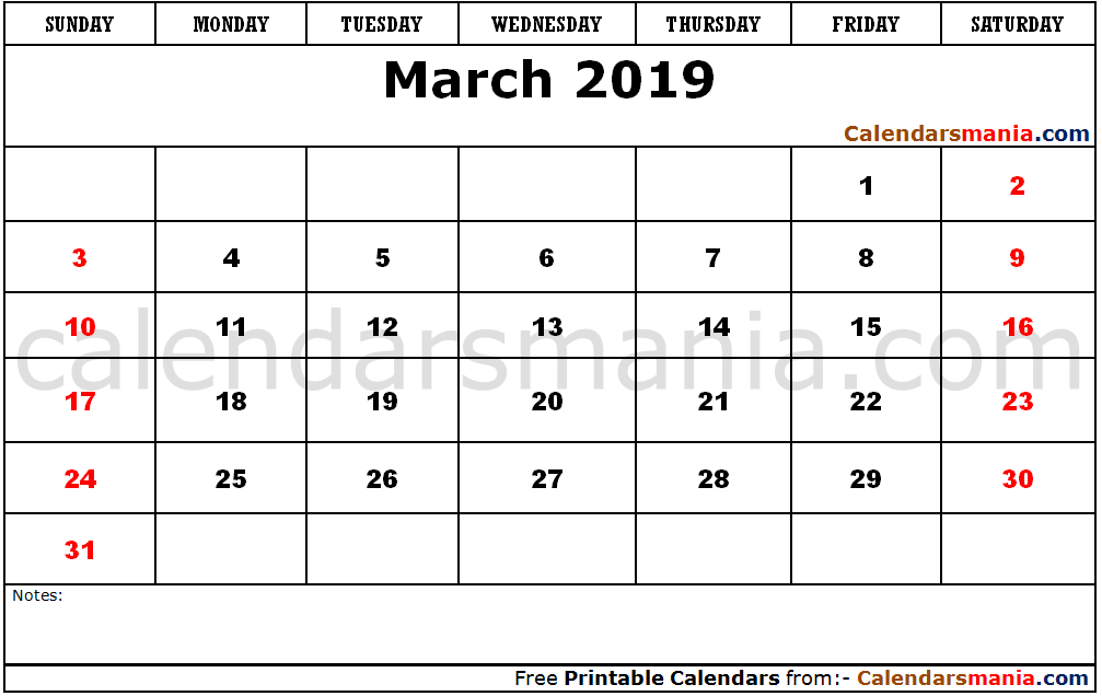 March 2019 Calendar Portrait
