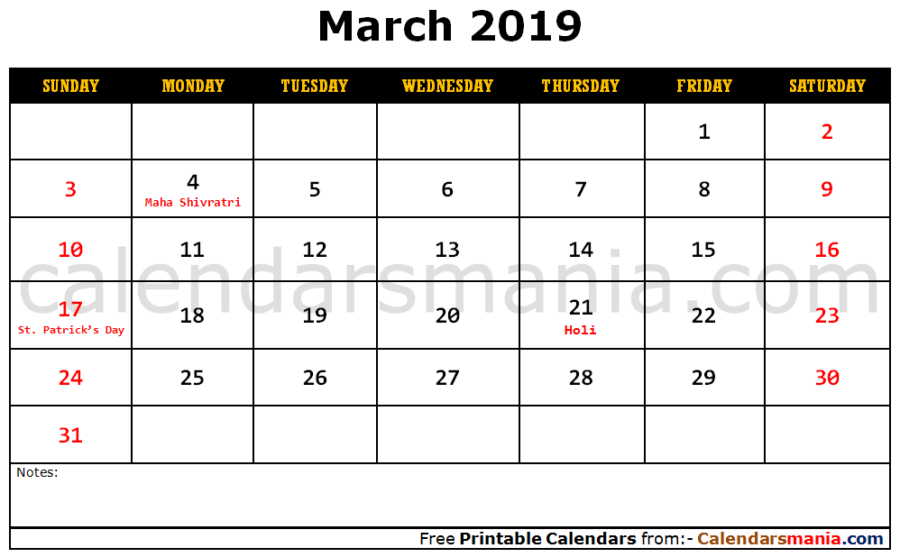March 2019 Calendar Vertical