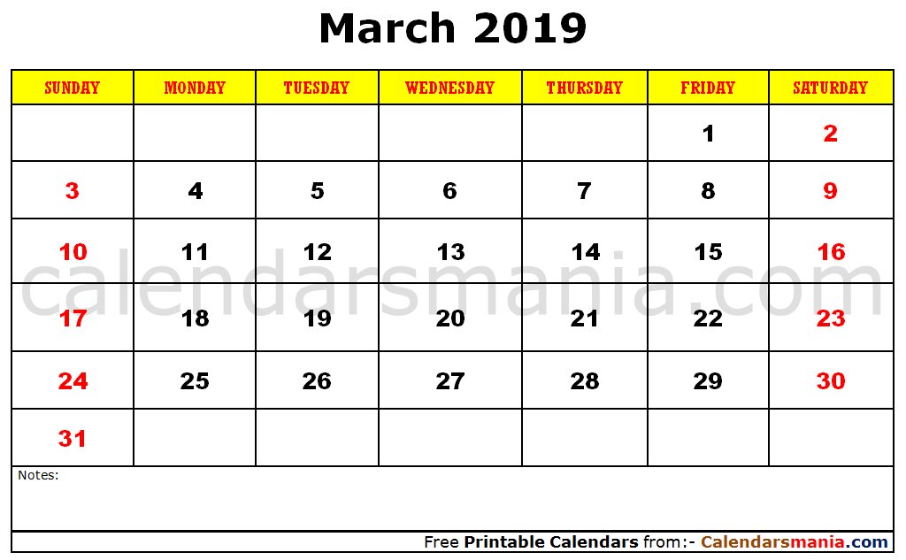 Printable Calendar March 2019